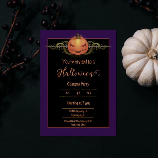 Convites Assustador Jack-o-Lanterna Halloween | Roxo (Purple Scary Jack-o-Lantern Halloween Party Invite)