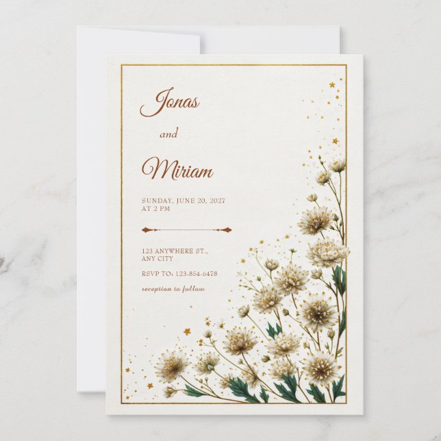 Convites Astrantia Branca Casamento Dourado Gilded (Frente)