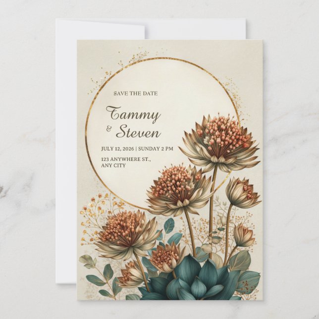 Convites Astrantia Bronze Teal Botânica Casamento (Frente)