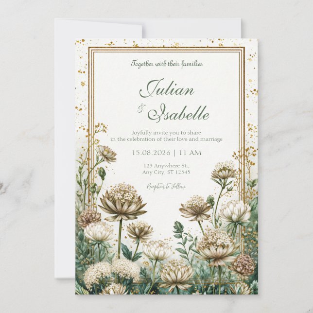 Convites Astrantia Casamento Aquarela Bronze Esmeralda (Frente)