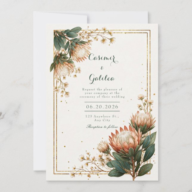 Convites Astrantia Marfim Folha Dourada Casamento (Frente)
