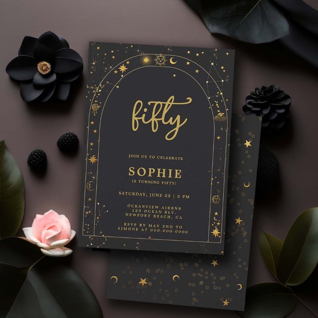 Convites Astrologia Mística Fortune Arch 50º Aniversário (celestial theme 50th birthday invitations for women tarot horoscope constellations zodiac black gold)