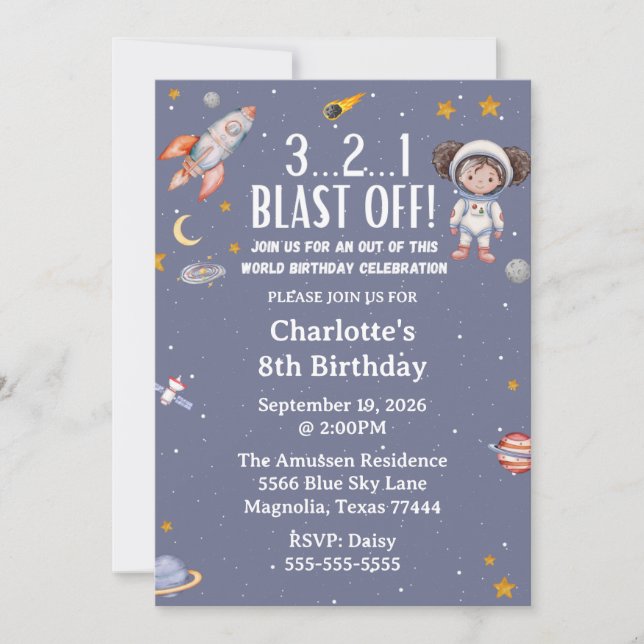Convites Astronaut Outer Space Girl Birthday (Frente)