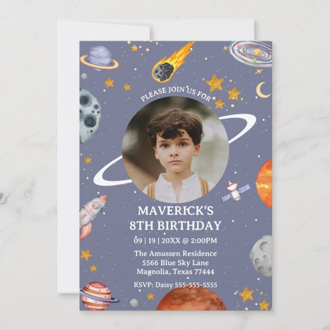 Convites Astronaut Outer Space Kids Photo Birthday (Frente)