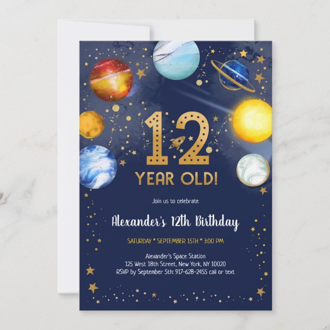 Convites Astronaut Outer Space Planet Galaxy 12th Birthday (Frente)