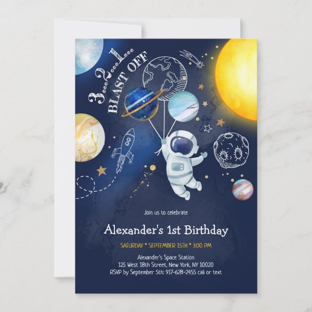 Convites Astronaut Outer Space Planet Galaxy Birthday (Frente)