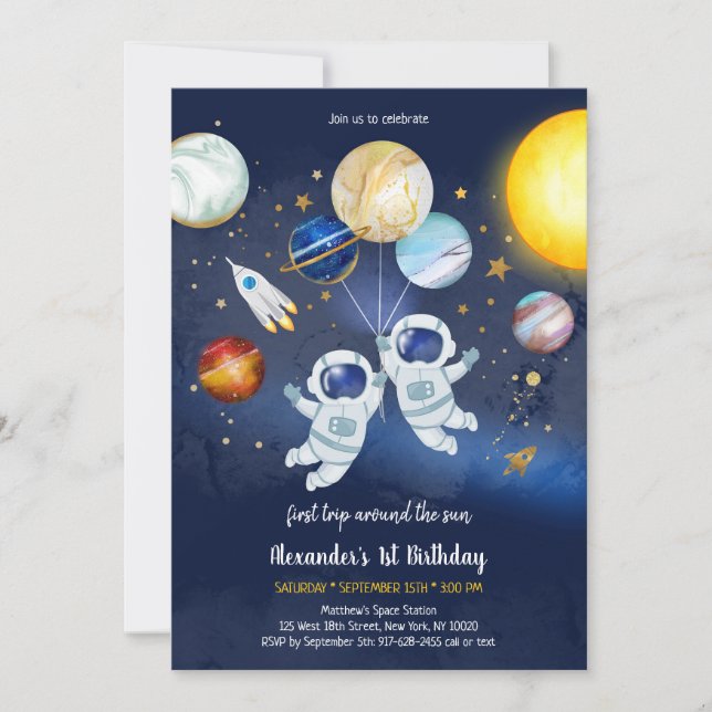 Convites Astronaut Outer Space Planet Galaxy Birthday  (Frente)