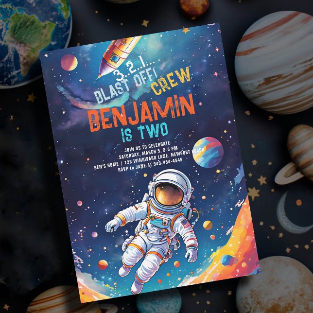 Convites Astronauta Astronauta Astronauta Planeta Foguete M (astronaut birthday party invitation boy deep space rocket planets stars watercolor spaceship)