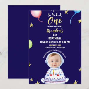 Convites Astronauta Azul De Aquarela Com primeiro aniversar