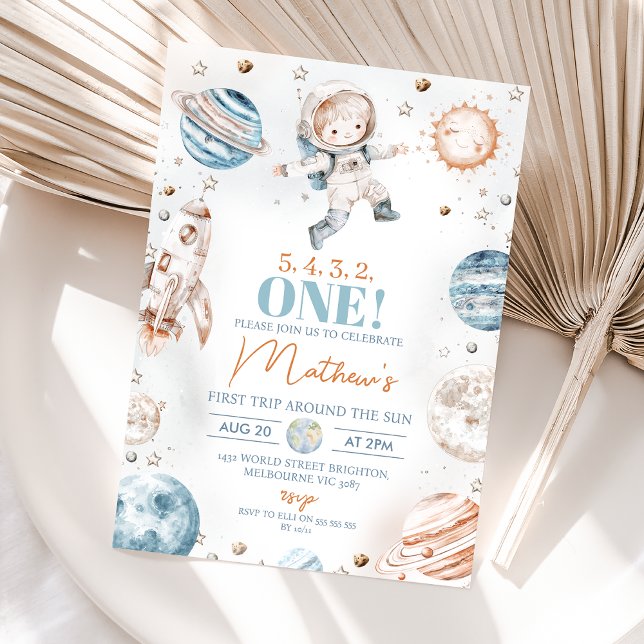 Convites Astronauta Blue First Trip em torno do Sol Astrona (Boys First Trip Around the Sun 1sy Birthday Invitation, Astronaut Outer-space Themed Planets Space)