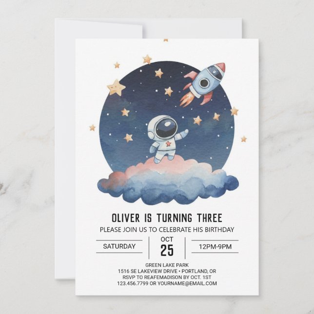 Convites Astronauta Blue Star Watercolor Boy Birthday (Frente)