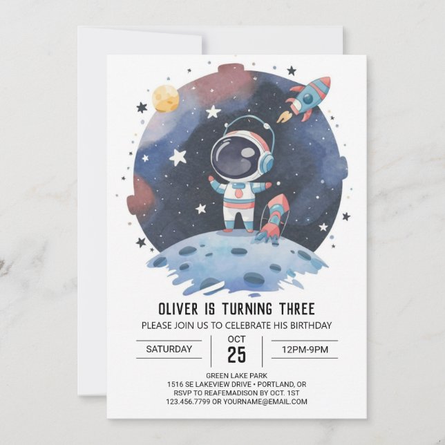 Convites Astronauta Cósmico Blue Boho Astronauta Boy Aniver (Frente)