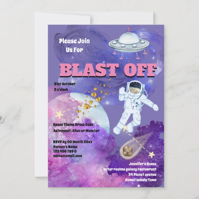 Convites Astronauta de foguete rosa roxo meninas espaço (Frente)
