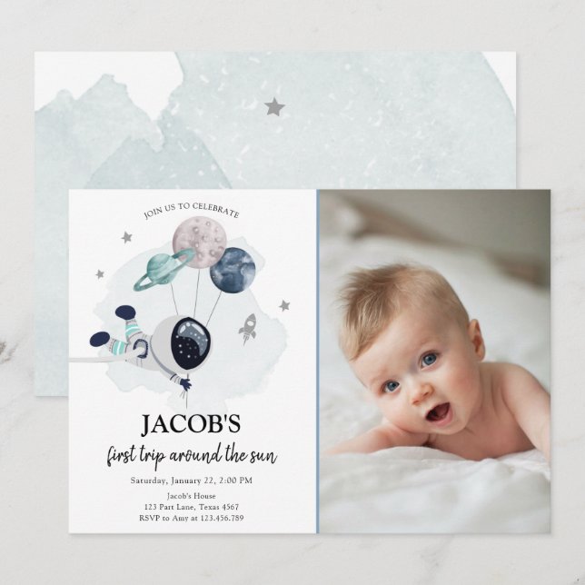 Convites Astronauta do Espaço Exterior Blue Boy Primeiro An (Frente/Verso)