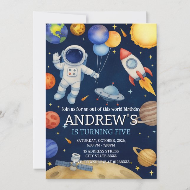 Convites Astronauta do Espaço Exterior Moderno Personalizad (Frente)