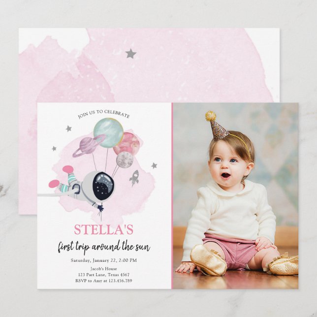 Convites Astronauta do Espaço Exterior Rapariga Rosa Primei (Frente/Verso)