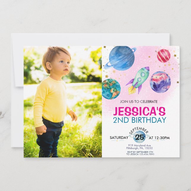 Convites Astronauta do Partido das Garotas Rosa Bonitas Ast (Frente)