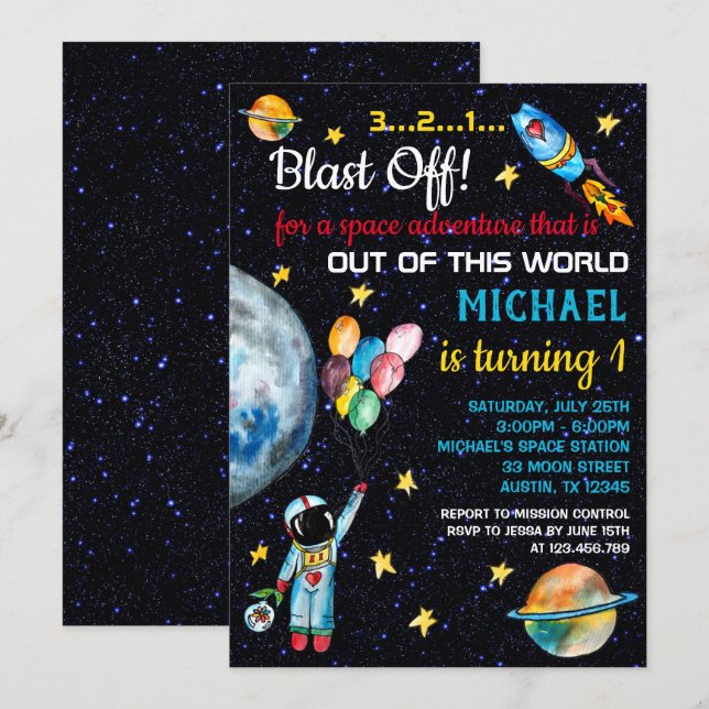 Convites Astronauta Espacial Exterior Balões do Arco-Íris F (Frente/Verso)