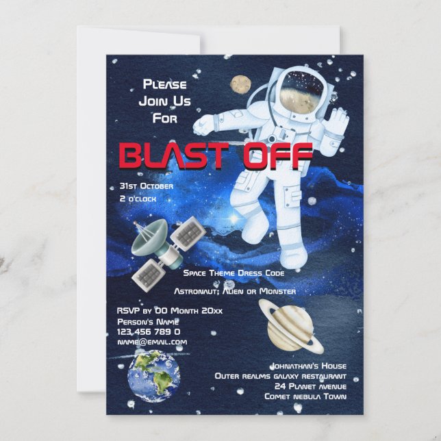 Convites Astronauta flutuando entre planetas meninos da ida (Frente)