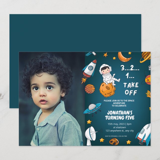 Convites Astronauta Foto Personalizada Espaço planetas tema (Frente/Verso)