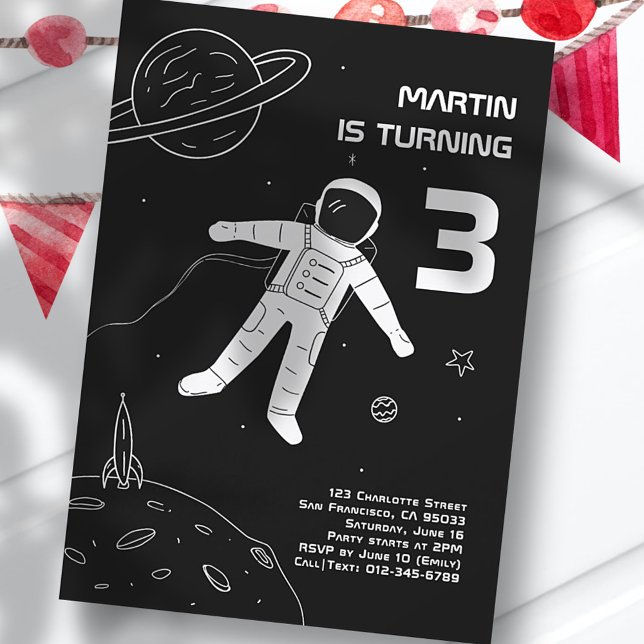 Convites Astronauta Moderno Negro e Branco Astronauta Anive (Criador carregado)