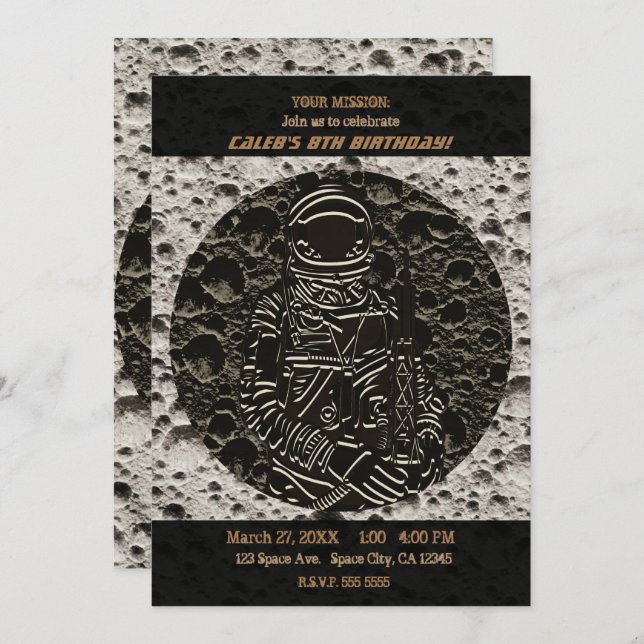 Convites Astronauta na Lua Espaço Preto & Cinza (Frente/Verso)
