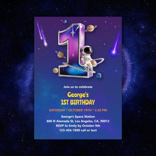 Convites Astronauta primeiro aniversario de Menino do Espaç (Astronaut Outer Space Themed Boy 1st Birthday Invitation)