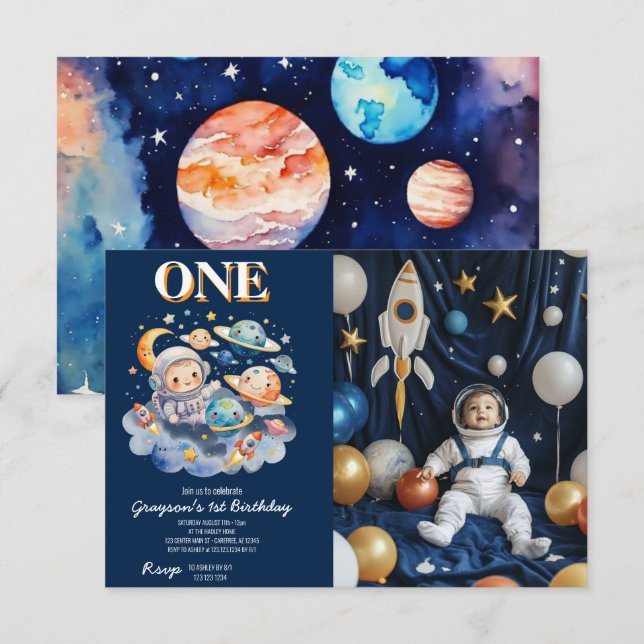 Convites Astronauta primeiro aniversario de Menino Planetas (Frente/Verso)