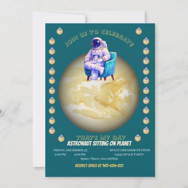 Convites Astronauta Relaxado Sentado no Planeta (Frente)