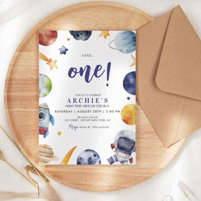 Convites Astronauta Space 1rua Trip Ao Redor Do Sol Anivers (1st trip around the sun themed watercolor illustration birthday invitation party invite template )