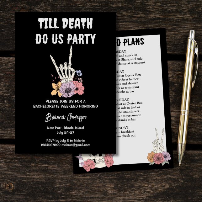 Convites Até a morte, festejamos no fim de semana da desped (Till death do us party bachelorette weekend itinerary black gothic skeleton invitation template)