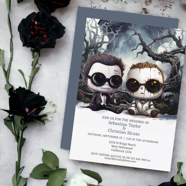 Convites Até a morte nós fazemos parte dois grupos (Till death us do part Two Grooms Invitations from Ricaso
Two groom spooky dolls in haunted forest)