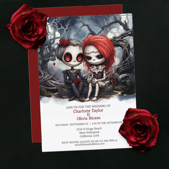 Convites Até a morte nós fazemos parte dois noivas (Till death us do part Two Brides Invitations from Ricaso. 

Two skeleton brides sat in scary forest)