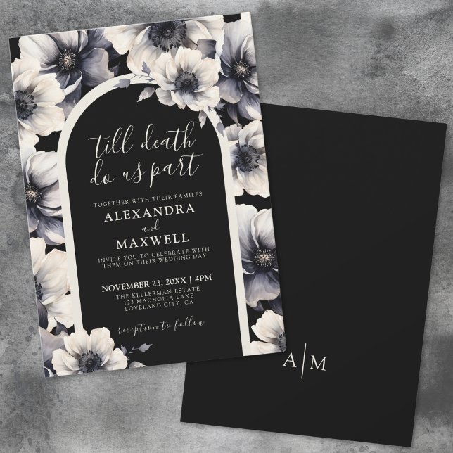 Convites Até a morte nos separamos de casamentos florais ne (Till Death Do Us Part Elegant Black Floral Wedding Invitation)