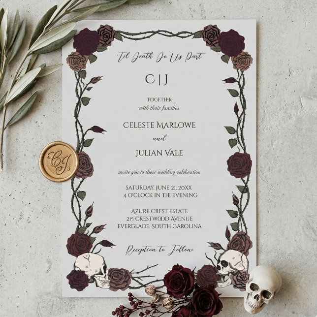 Convites Até a Morte Rosas Burgundy Góticas Cinza Claro Cas (moody Hand-drawn skull and rose 'til death do us part wedding invitation with whimsigoth aesthetic)