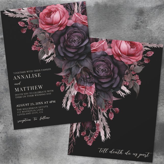 Convites Até que a Morte nos Separe Casamento Gótico Floral (Till Death Do Us Part Gothic Black Floral Wedding Invitation)
