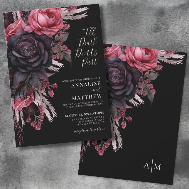 Convites Até que a Morte nos Separe Casamento Gótico Floral (Elegant Gothic Floral Black Wedding Invitation)