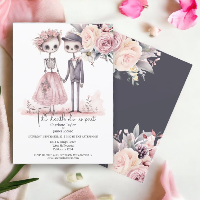 Convites Até que a morte nos separe da Noiva e do Groom (Till death do us part Bride and Groom Invitations from Ricaso. Cute skeleton couple with flowers)