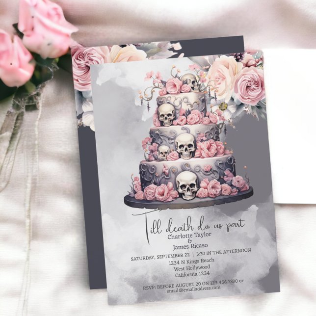 Convites Até que a morte nos separe do bolo de casamento (Till death do us part skull wedding cake invitations from Ricaso. Perfect for a unique gothic couple)