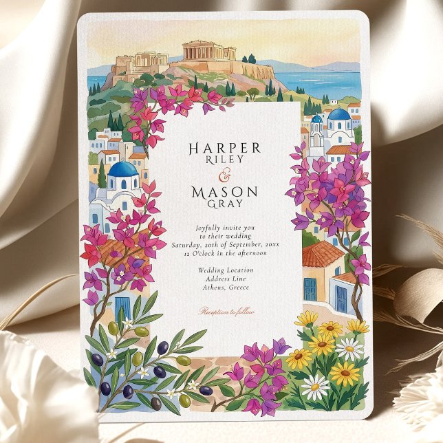 Convites Athens Greece Acropolis Bougainvillea Wedding (Criador carregado)
