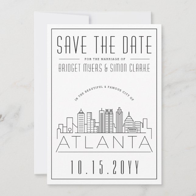 Convites Atlanta Wedding | Skyline Estilizado Salvar a Data (Frente)