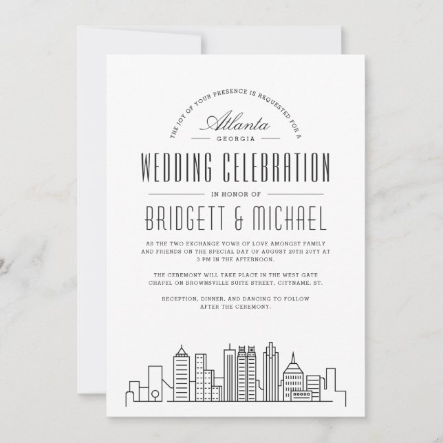 Convites Atlanta Wedding | Skyline Moderno Deco (Frente)