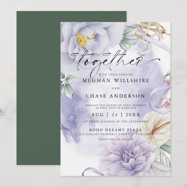 Convites Atordoamento Lilac Watercolor Floral (Frente/Verso)