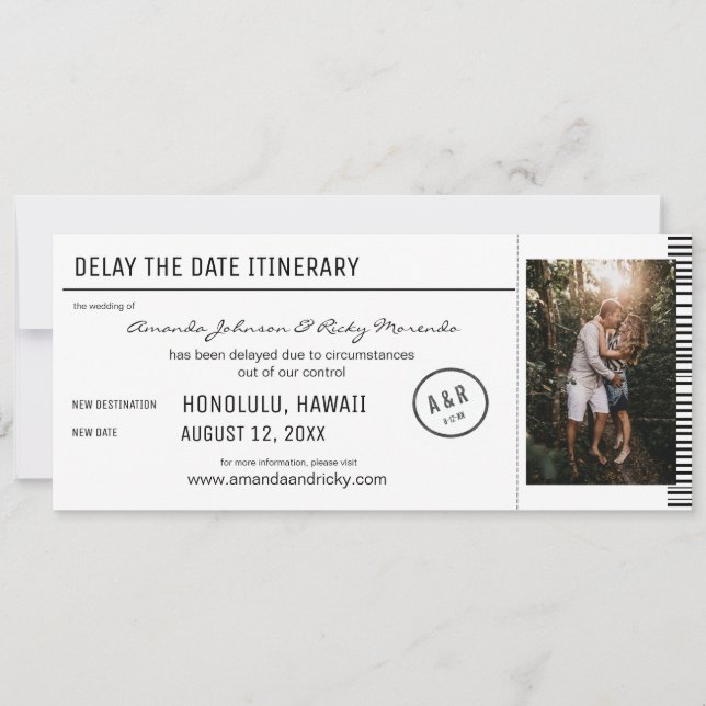 Convites Atrasar a data de destino preto e branco da foto (Frente)