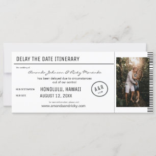 Convites Atrasar a data de destino preto e branco da foto