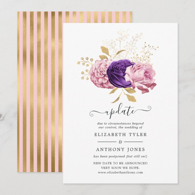 Convites Atualização de casamento adiado com flores rosa e  (Frente/Verso)