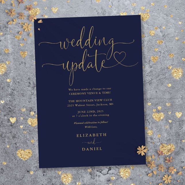 Convites Atualização de casamento com coração em azul marin (Navy Blue And Gold Heart Script Wedding Update Invitation)