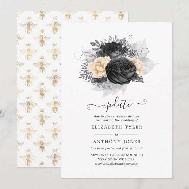 Convites Atualização de casamento de flores pretas e dourad (Frente/Verso)