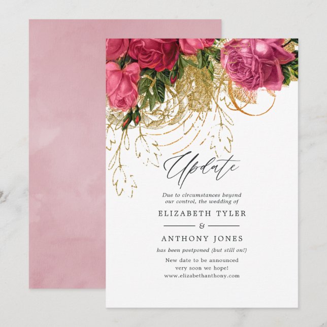 Convites Atualização de Casamento Dourado e Rosa Vintage (Frente/Verso)