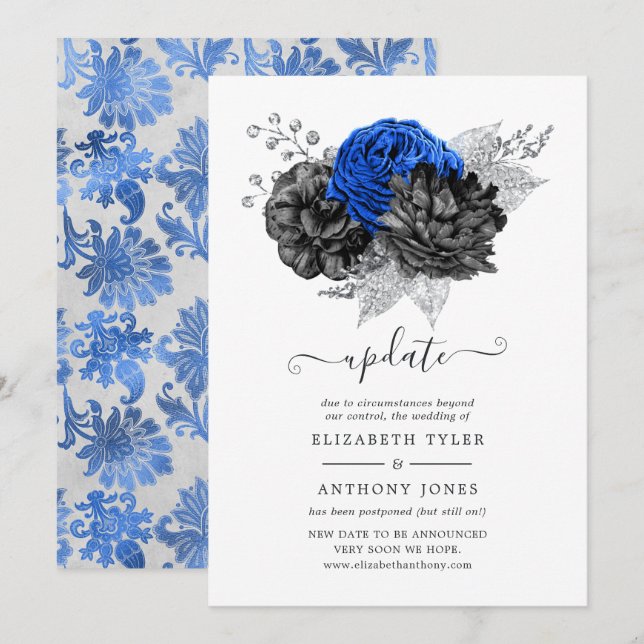 Convites Atualização de Casamento Floral Azul Real, Preto e (Frente/Verso)